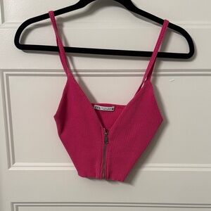 Zara Fuchsia Ribbed Zip-Up Crop Top